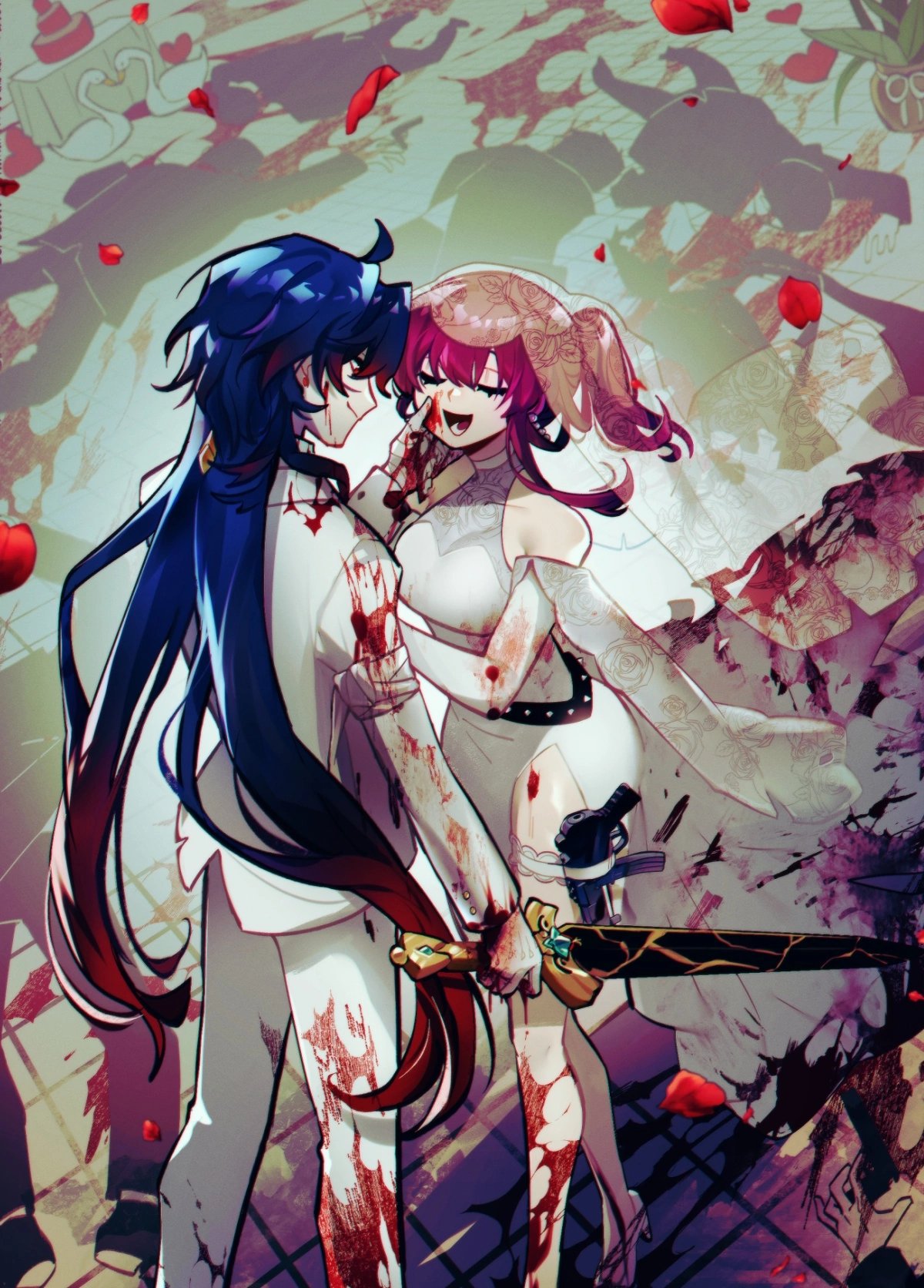 the image depicts an anime couple, a man and a woman, in a wedding setting. they are covered in blood, the woman's dress is torn, and there are red roses scattered around them, suggesting that something violent has occurred. the man is holding a sword, and the woman has a distressed expression on her face, indicating that this is a tragic scene. the image is dark and dramatic, filled with symbols of love and death.