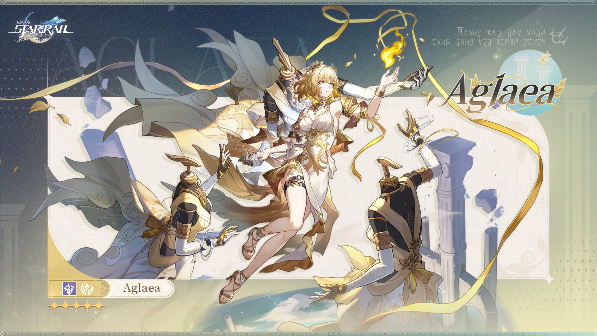 this is promotional artwork for the honkai: star rail character aglaea. the image features aglaea in the center, floating gracefully with a golden ribbon flowing around her. she is surrounded by two other figures, possibly representing aspects of her personality or power. the background is a blend of light and ethereal elements, with columns and ruins suggesting a classical or celestial setting. the overall aesthetic is elegant and fantastical.  the image also includes the character's rarity (5star) and her name.  the style is consistent with the anime/manga aesthetic common in honkai: star rail.