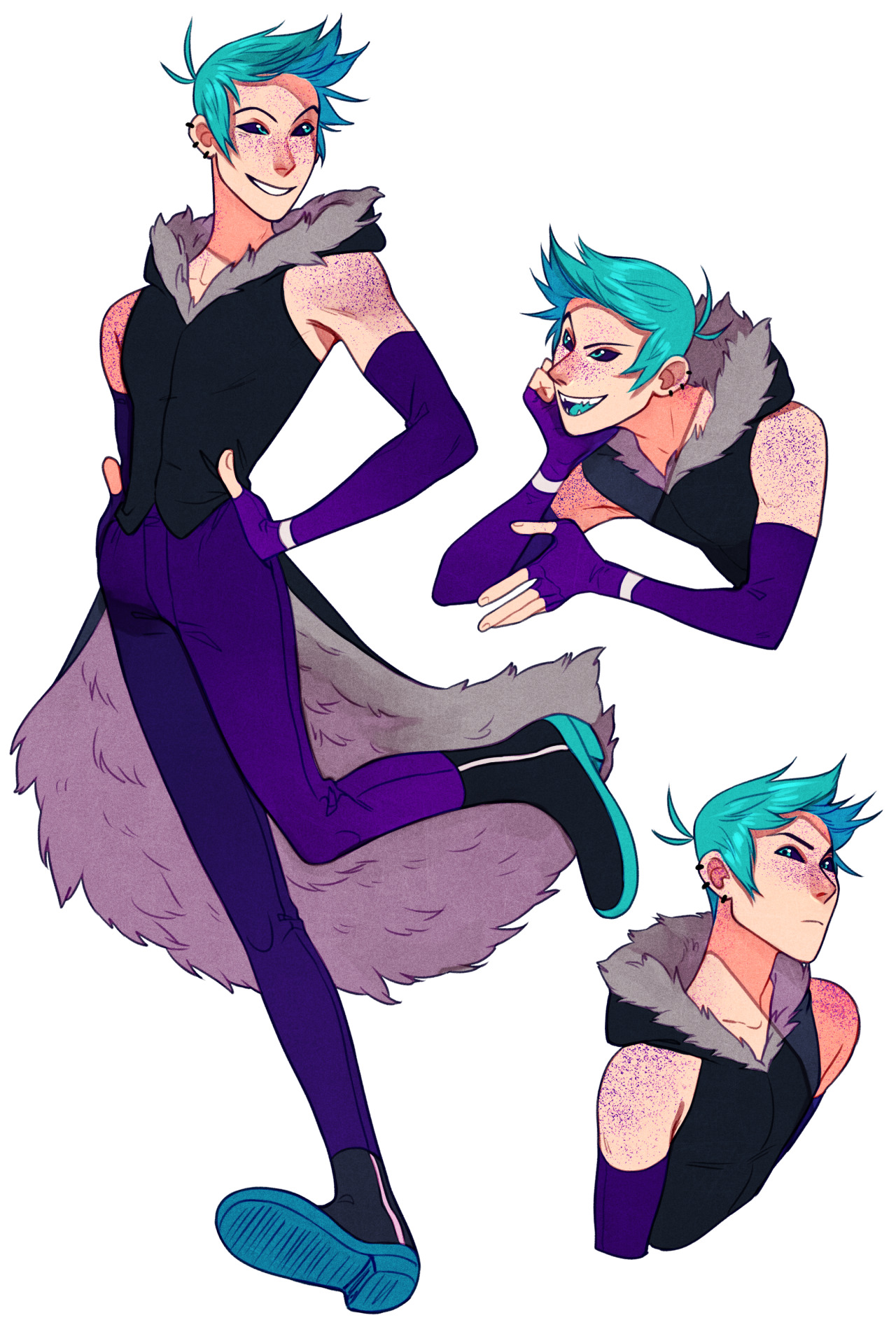 the image showcases a character design of a young man with vibrant tealblue hair and freckles. he sports a confident and playful demeanor across three different poses. he is dressed in a stylish ensemble with fantasy elements, including a black vest, formfitting pants, a long purplelined coat with fur trim, and fingerless gloves. his outfit is accented with teal boots. the color scheme is a striking mix of cool tones, with pops of purple and teal. the background is a clean white, putting the focus solely on the character.