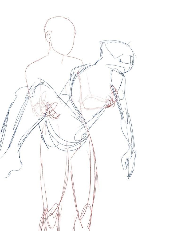 this image is a line drawing, a sketch of two human figures. the figure on the left is holding the figure on the right. they are in a dynamic pose, which suggests movement and energy. the lines are simple and clean, giving the image a sense of abstractness. it is a perfect example of a quick sketch used to capture the movement and energy of a pose.
