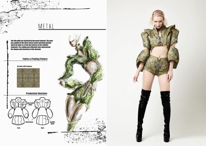the image is a fashion design sketch with a production sketch of a woman wearing a short, highwaisted, metallic green outfit and black boots. the text says that the outfit was inspired by metal elements.  the image includes a sample of the fabric, along with a production sketch of the front and back view.  the sketch is drawn in a stylized, fashion illustration style with artistic lines and details. the background is a black and white textured design.
