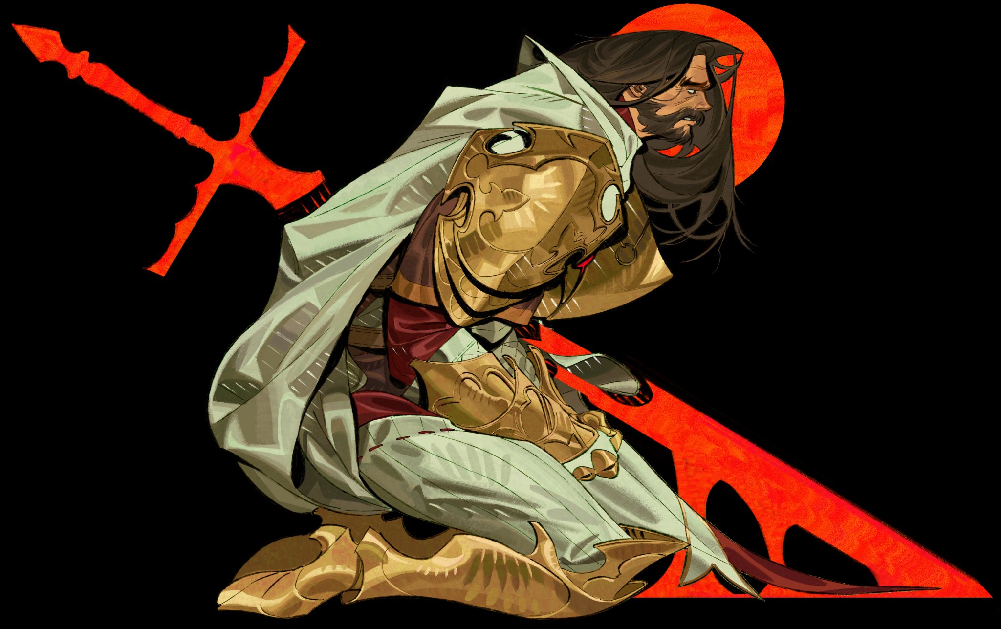 the image is a digital painting of a fantasy warrior, a male knight with long brown hair and a beard. he is kneeling, cloaked in a flowing white garment over golden armor. his head is bowed, suggesting sadness or defeat.  two large swords, one orange and one a darker redorange, lie behind him, forming a crosslike shape. the background is a stark black with a redorange circle. the overall style is painterly and evocative of fantasy art and potentially game art or comic book illustration. the artwork is richly detailed, focusing on the character's expression and pose.