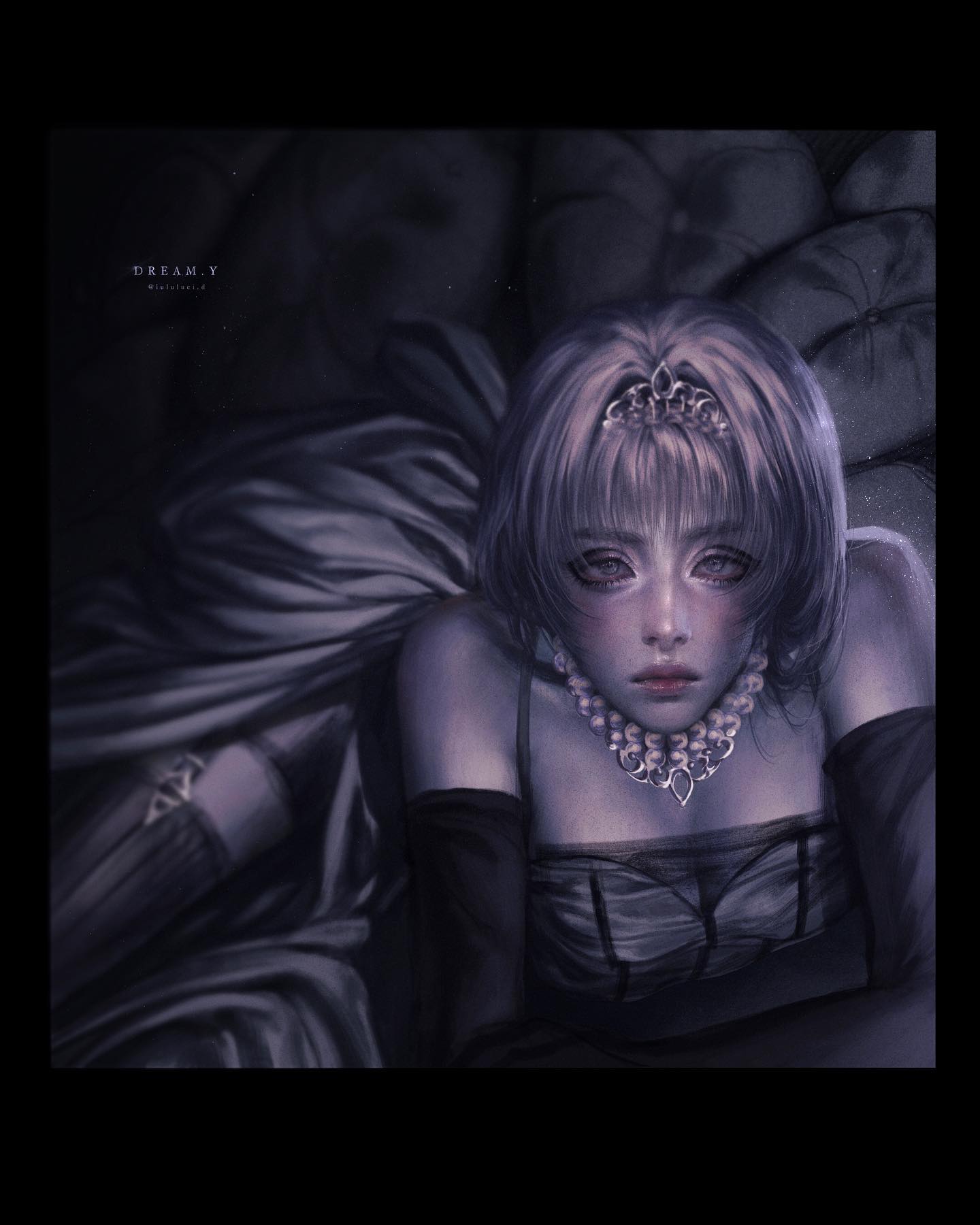 the image is a digital painting of a young woman lying on her side on a bed. she wears an elegant, darktoned dress and a pearl necklace and tiara. her expression is melancholic and distant. the color palette is muted and cool, contributing to the dreamy and ethereal atmosphere of the piece.