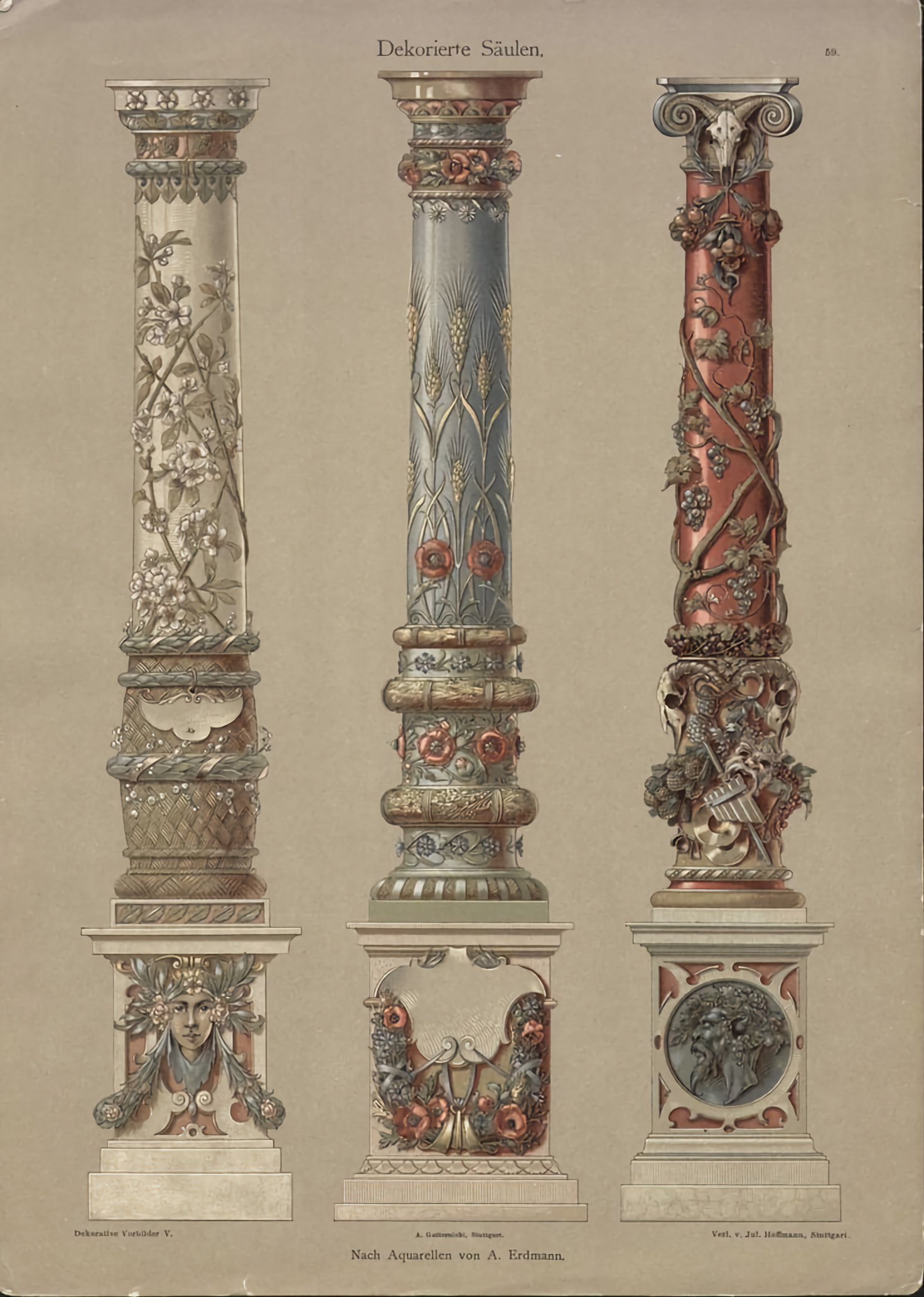 he image is a color lithograph from a book showing three designs for decorated columns.  each column is unique in its decorative style. the column on the left features a delicate floral design of blossoms and vines; the center column displays a repeating pattern of wheat and poppies; the rightmost column has a more robust design incorporating grapes and ivy, and a basrelief of what looks like a harvest scene.  each column sits atop an equally ornately decorated base. the style suggests art nouveau or possibly a late 19thcentury interpretation of classical styles. the background is a muted graybeige.  the image includes text in german, indicating the title "dekorierte säulen" (decorated columns) and credits for the artist and publisher.