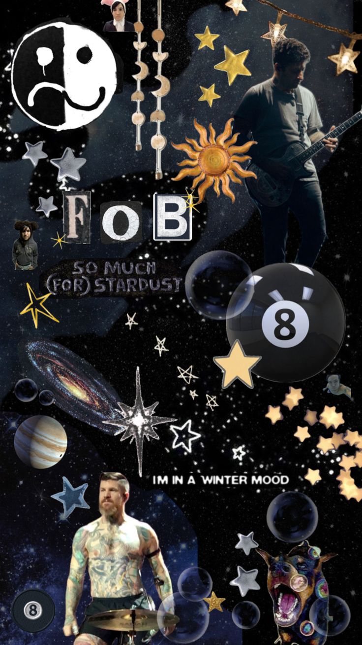 a collage style image centered around the band fall out boy. it includes the band's logo, lyrics from their songs, and images of the band members playing their instruments. the background is a space theme, with stars, galaxies, and planets. the overall vibe of the image is edgy and fun, reflecting the band's music.