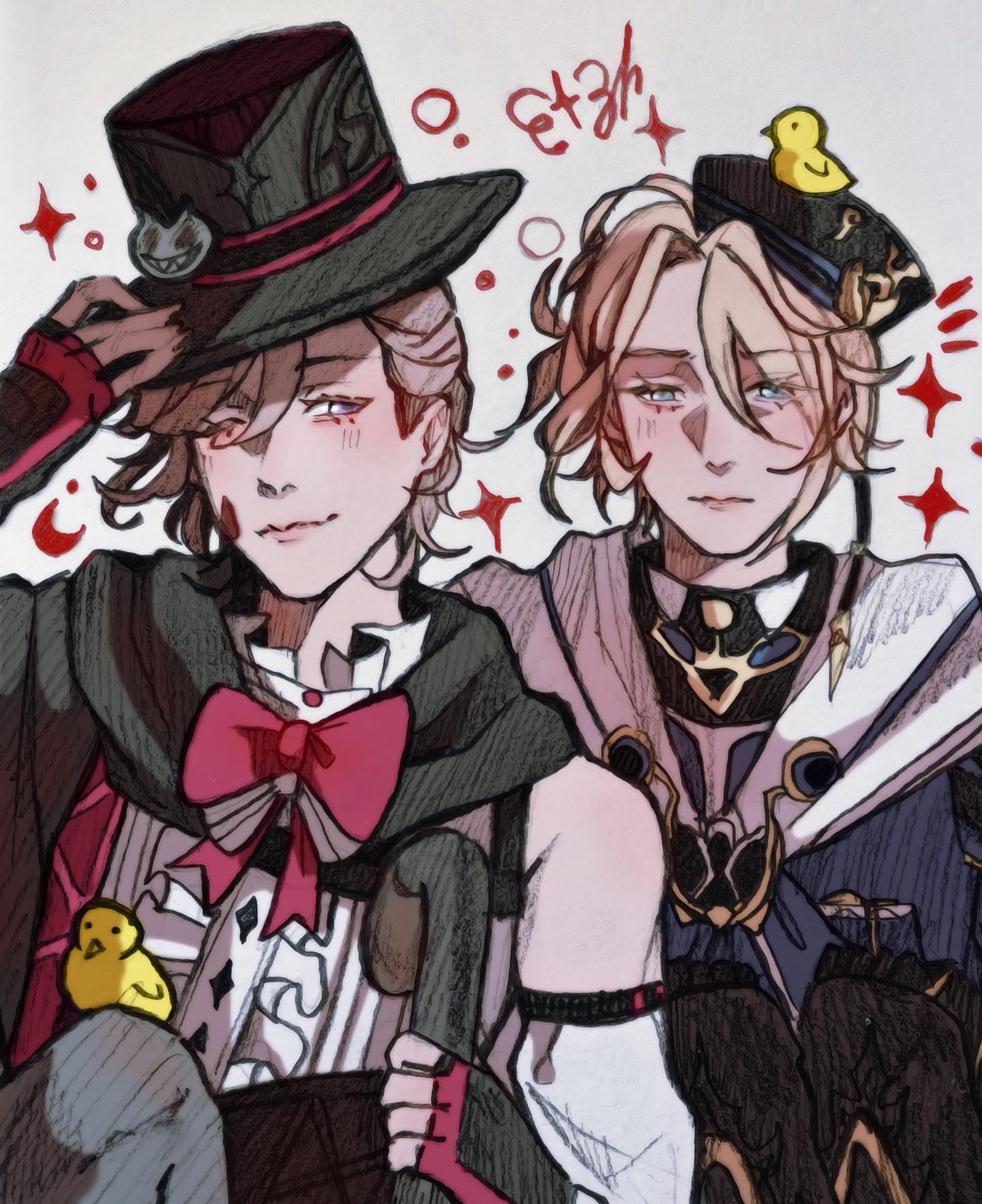 the image is a piece of fanart, likely of genshin impact characters, depicted in a stylized anime/manga style.  it features two male characters close together. one character wears a large, darkcolored top hat and a red bow tie, a dark coat and seems to be in a magician's or similar outfit. the other has shorter blonde hair and wears a militarystyle cap. both are accompanied by small, yellow chicks. the style is expressive, with soft shading and a focus on character expressions and detail in clothing. the overall mood is friendly and slightly whimsical.  the artwork shows a close relationship between the two depicted characters.