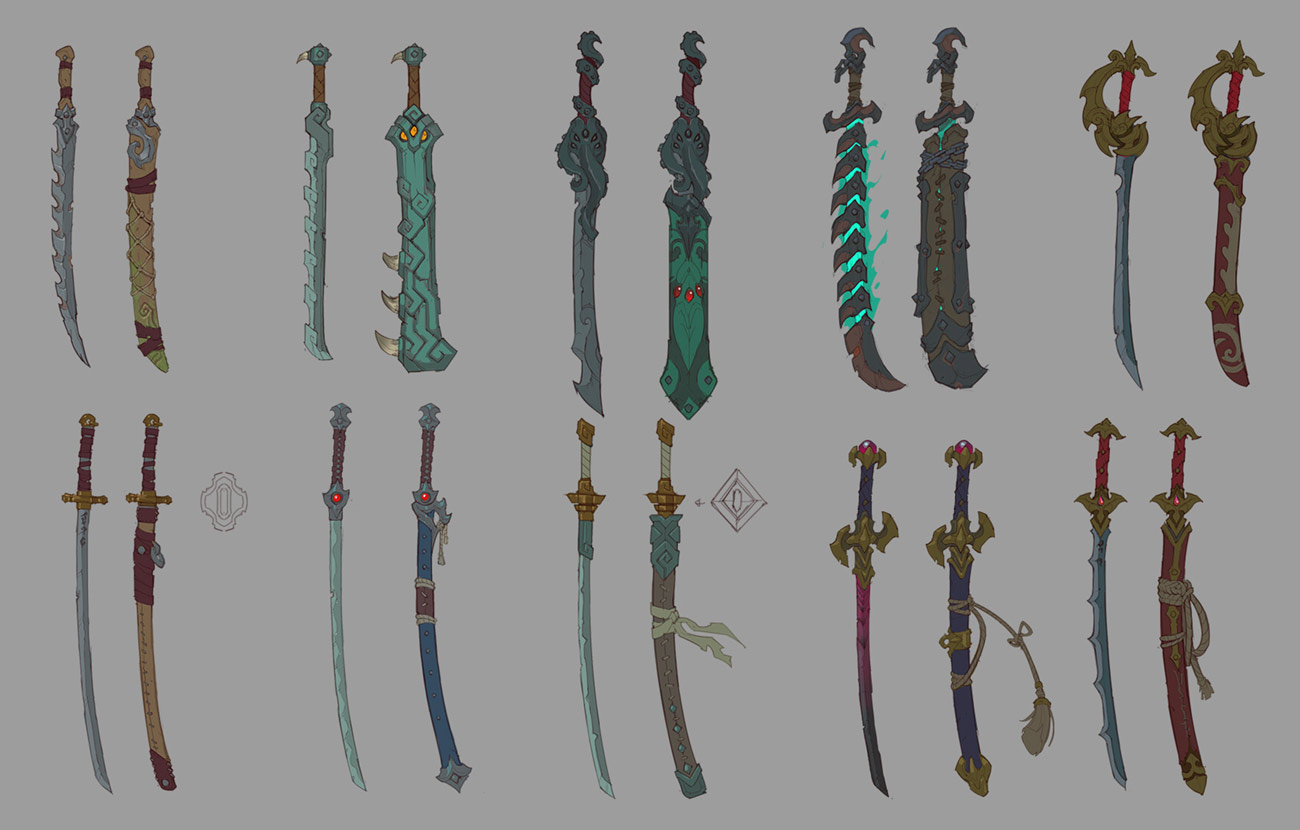 the image showcases an array of 18 intricately designed swords, each with a unique style and distinct features. from the classic straight swords to the more stylized curved blades, there is a diversity of shapes and sizes. the swords are depicted in a detailed, handdrawn style, with varying levels of embellishment and ornamentation. the color palette ranges from earthy browns and greys to vibrant turquoise and reds, creating a visually engaging and dynamic composition. the swords appear to be conceptual designs, likely intended for use in fantasy or game worlds.