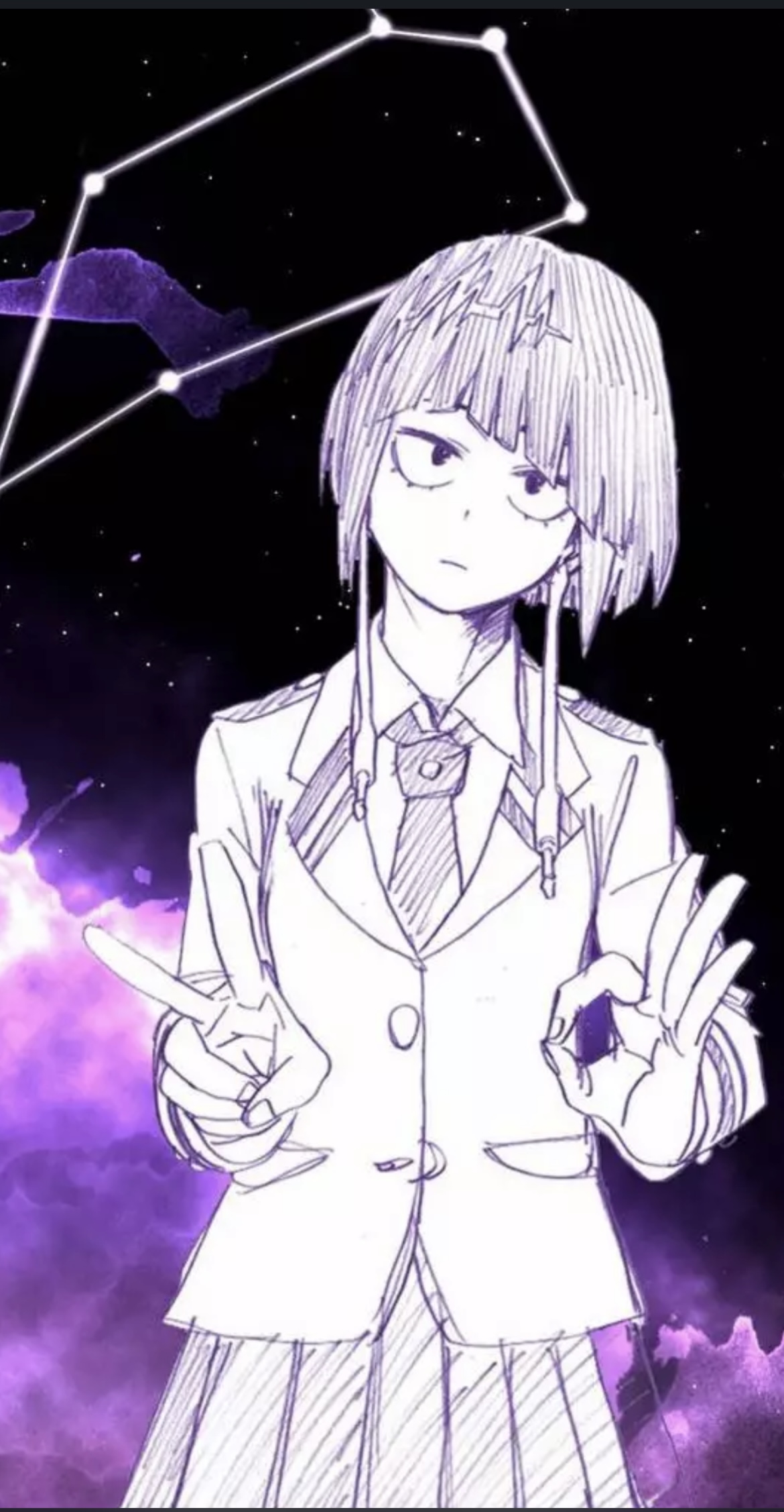 this is an illustration of an anime girl in a school uniform, with a purple and black background with stars. the girl is in a cute pose and has a sweet expression on her face. the drawing style is a sketch that is very detailed.