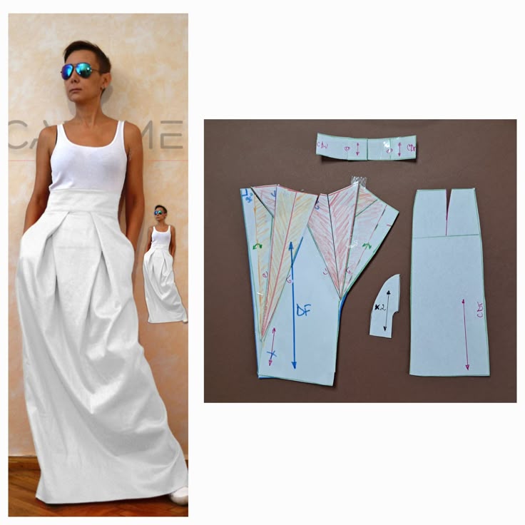 the image shows a woman wearing a white, sleeveless dress with a long, pleated skirt. the woman is wearing sunglasses and standing against a wall with a neutral background. next to the woman is a pattern for the dress, indicating that it is a sewing project. the pattern pieces are laid out on a brown surface and include markings and annotations. the image also features a smaller version of the woman wearing the same dress, placed near the background, possibly as a reference.
