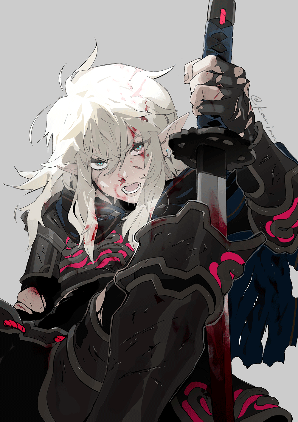 a female elf warrior with white hair and wearing dark armor, stands with a sword in hand covered in blood. she is injured and has blood on her face. she looks determined and angry.