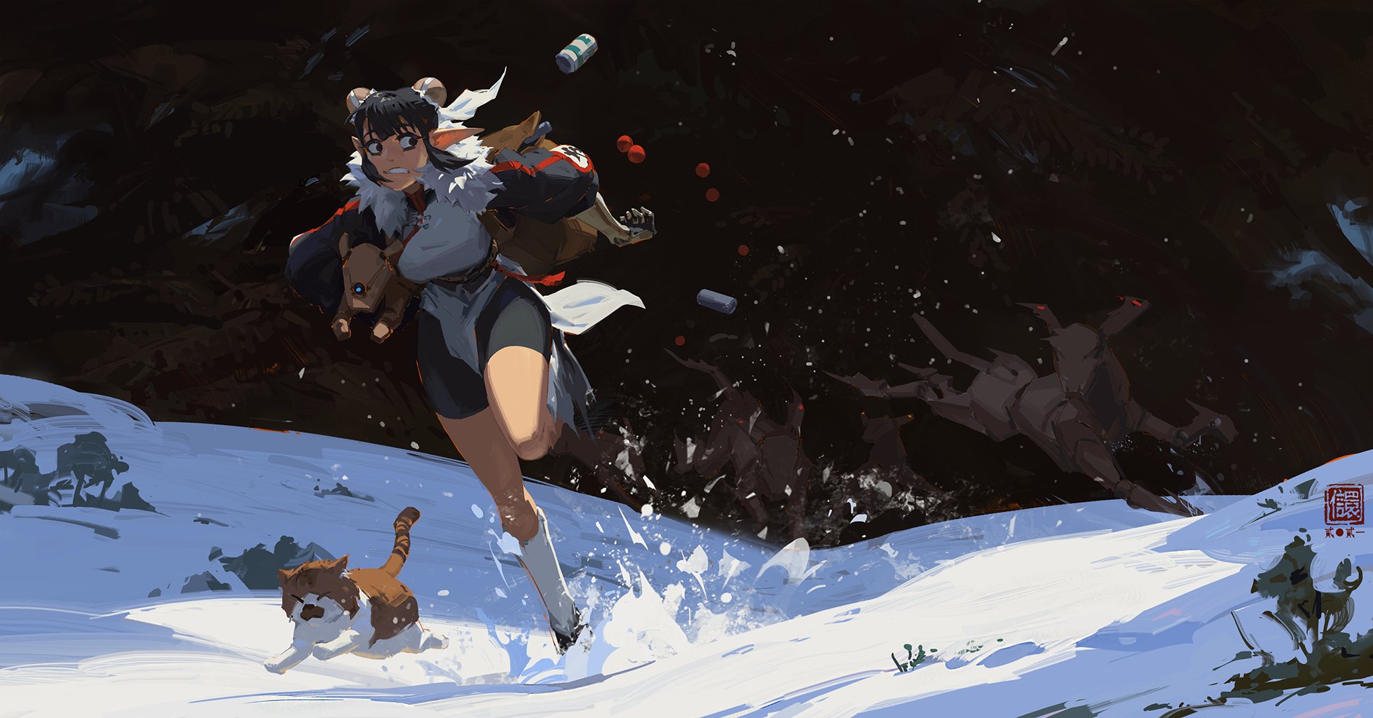 the artwork depicts an animestyle girl with horns and white hair running through a snowy forest. she's carrying a bag and a small, furry creature in her arms. behind her, shadowy, almost monstrous figures are pursuing her. a small cat runs alongside her in the snow. the scene is dynamic, suggesting a chase or escape sequence. the style is painterly and dramatic, with a mix of sharp lines and soft brushstrokes. the overall tone is adventurous and mysterious.