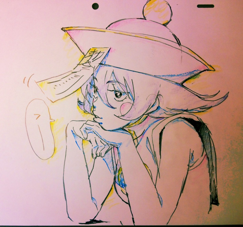 a colored sketch of a girl with short, choppy hair and a large hat. she has her chin resting on her hand, her elbow propped on a surface. her expression is contemplative and her eyes are looking off to the side. a speech bubble with an arrow pointing to the left is drawn near her face. the image has a playful and energetic style.