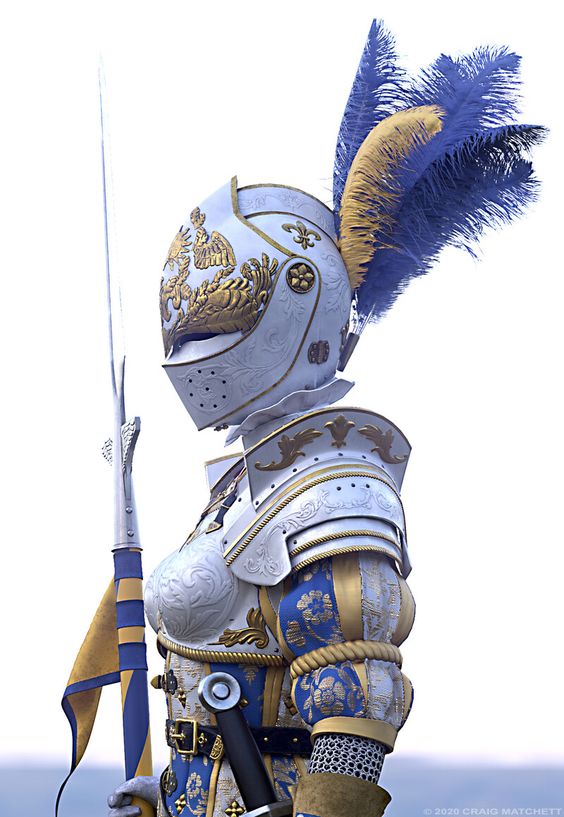 a woman clad in ornate, white and gold plate armor stands in profile against a bright, overcast sky. her helmet, adorned with a large plume of blue and gold feathers, obscures her face entirely. she holds a sword upright in her right hand, its tip extending beyond the frame. a second sword hangs at her hip. the armor is highly detailed, featuring intricate engravings and a blue and gold color scheme that matches her plume. the image evokes a sense of strength, power, and fantasy.