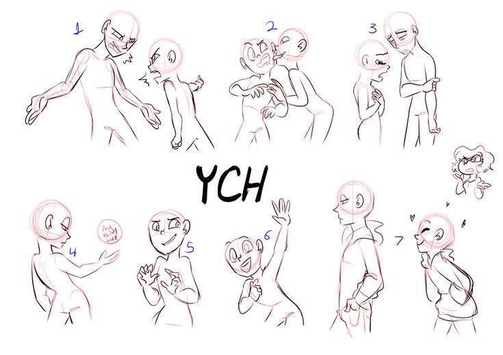 the image shows several drawings of character poses. the drawings are in a line art style and all include only outlines and no coloring or shading. the poses range in style from casual to dramatic and there are examples of both single and double characters in some poses. the drawings are numbered with blue numbers in the top corner. each pose would allow an artist to draw their own character in the same pose.  the text "ych" is written in a bold font in the center of the page. ych stands for "your character here" and indicates that these are poses for an artist to draw their own characters on.