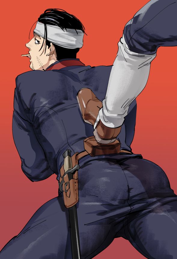 the image is a digital illustration in the style of anime or manga.  it depicts a man from behind, wearing a dark blue uniform, a headband, and a bandage on his head. he appears to be holding a gun and sword in holsters on his back. another person's leg is kicking him from behind, suggesting an act of violence or attack. the background is a solid red. the art style is detailed, with attention paid to clothing textures and facial expressions. the overall mood is tense and actionpacked.
