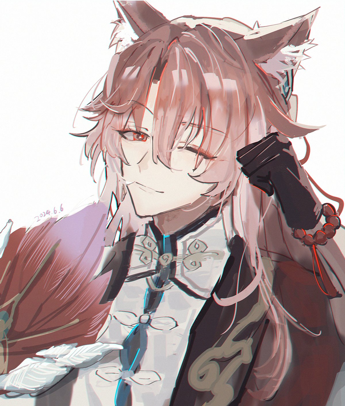 this is a digital illustration of an anime character. the character has long pink hair, cat ears, and is wearing a white shirt with a black jacket. he is smiling and winking, and has a red string tied around his wrist. the background is white.