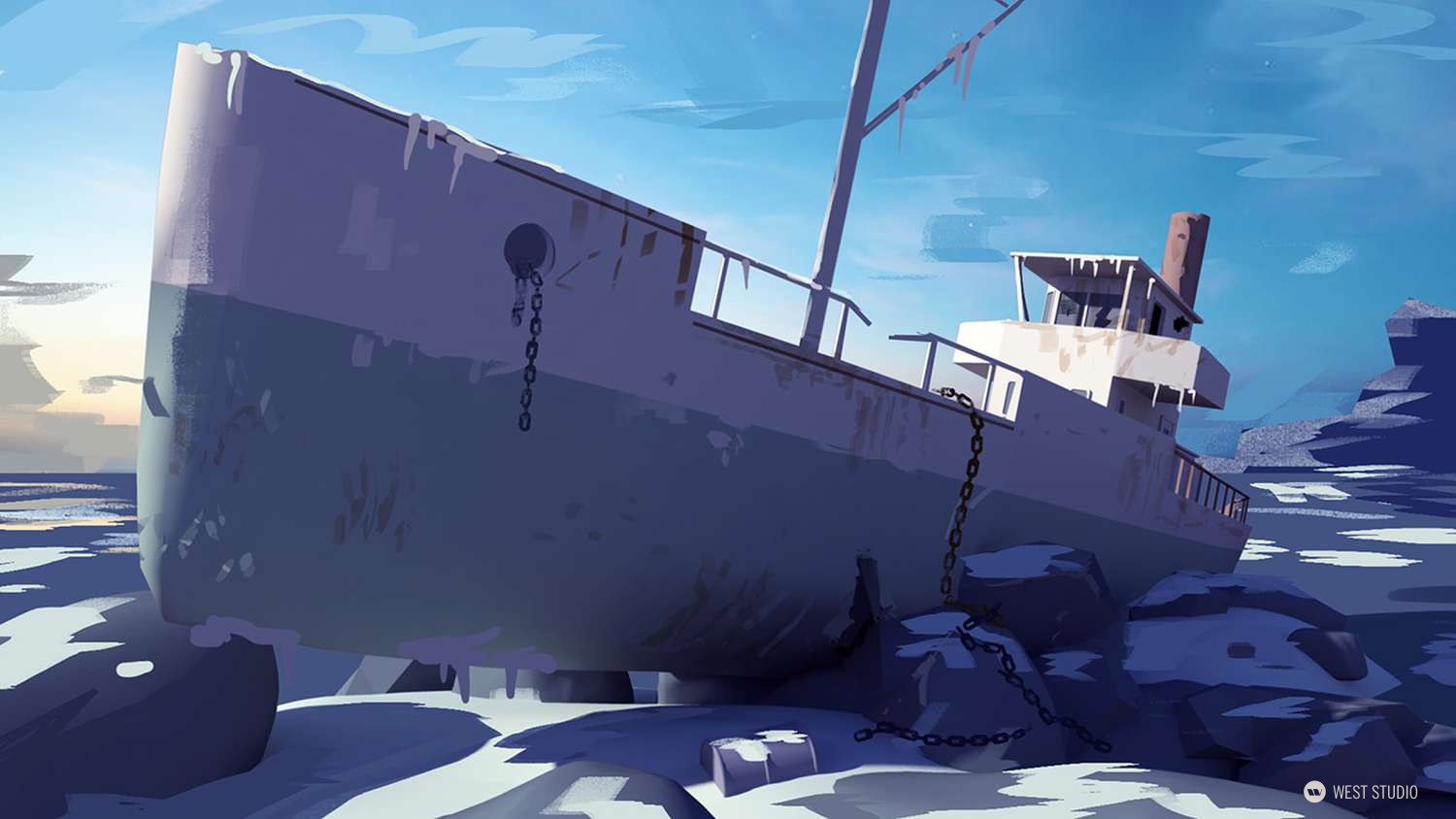 a large, aged boat rests on a frozen body of water, surrounded by ice and snow. its hull is painted white and blue, weathered and worn with rust and chipped paint. icicles cling to the edges, and chains hang limply from the deck. the setting sun casts a warm, orange glow across the sky, contrasting with the cool blues and whites of the icy landscape. distant, snowcapped mountains rise on the horizon. the overall atmosphere is one of serene isolation and abandonment.