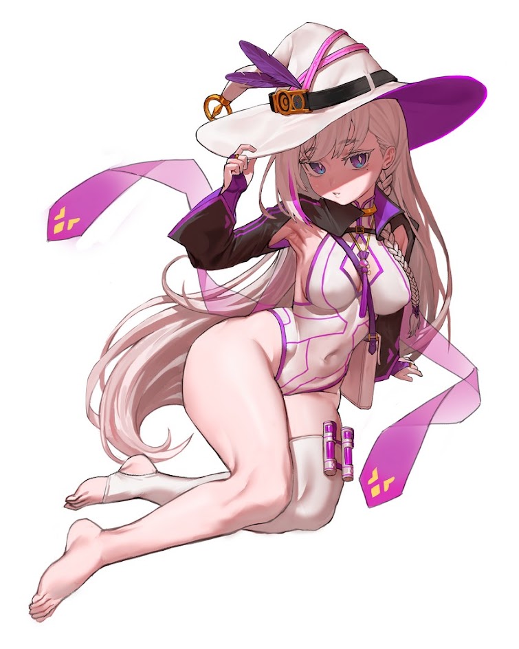 the image shows an anime girl in a witch costume, sitting on the floor with her legs stretched out in front of her, she is wearing a white hat with a purple ribbon, a purple dress with white details, and white boots. she is looking down and her expression is serious.