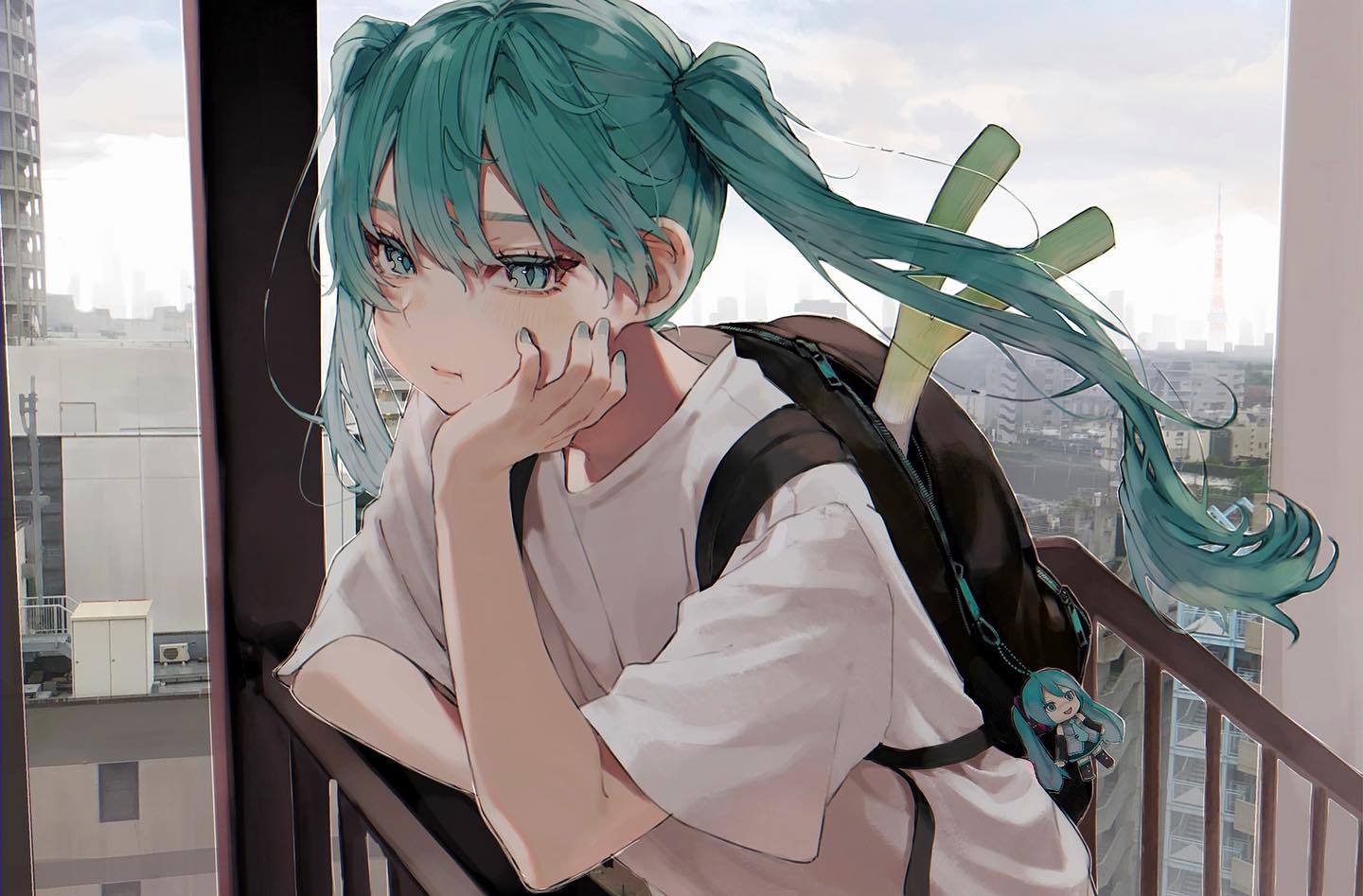 he image is a digital illustration of an anime girl, styled to resemble hatsune miku. she has long, teal twintails, which are partially blown by an unseen breeze.  a leek is playfully tucked into her backpack. she is wearing an oversized, lightcolored shirt and a dark backpack, and she is leaning pensively on a balcony railing, gazing out at a cityscape visible through a large window. her expression is somewhat sad or thoughtful. the overall style is soft and slightly melancholic. the art style is reminiscent of modern digital illustrations of anime characters.