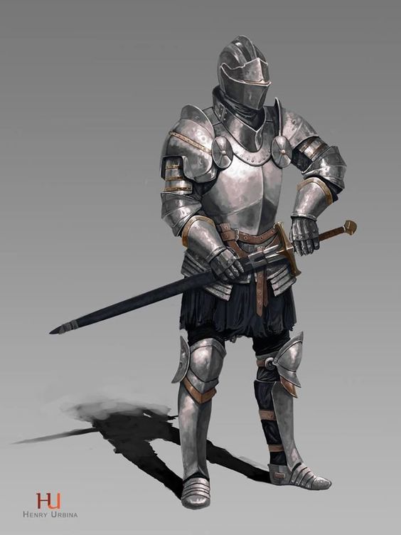 a digital illustration of a knight in full plate armor standing against a light gray background. the knight rests his hand on the pommel of a longsword. the armor is highly detailed with gold accents and the knight wears dark fabric beneath. the image has a soft light source coming from slightly above, creating subtle shadows.