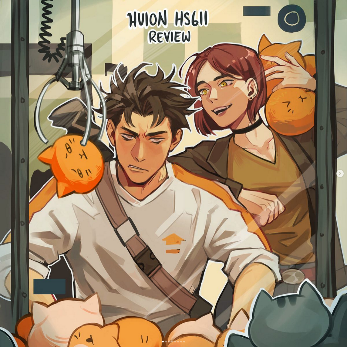 a young couple is fully engaged in trying to win a prize from a claw machine overflowing with adorable cat plushies. the scene is set within a brightly lit arcade, with the perspective capturing the couple from just beyond the glass of the machine. the woman, sporting a mischievous grin, has already secured several prizes, while her companion remains determinedly focused on maneuvering the claw. the warm, inviting color palette adds to the overall atmosphere of playful energy and shared enjoyment.