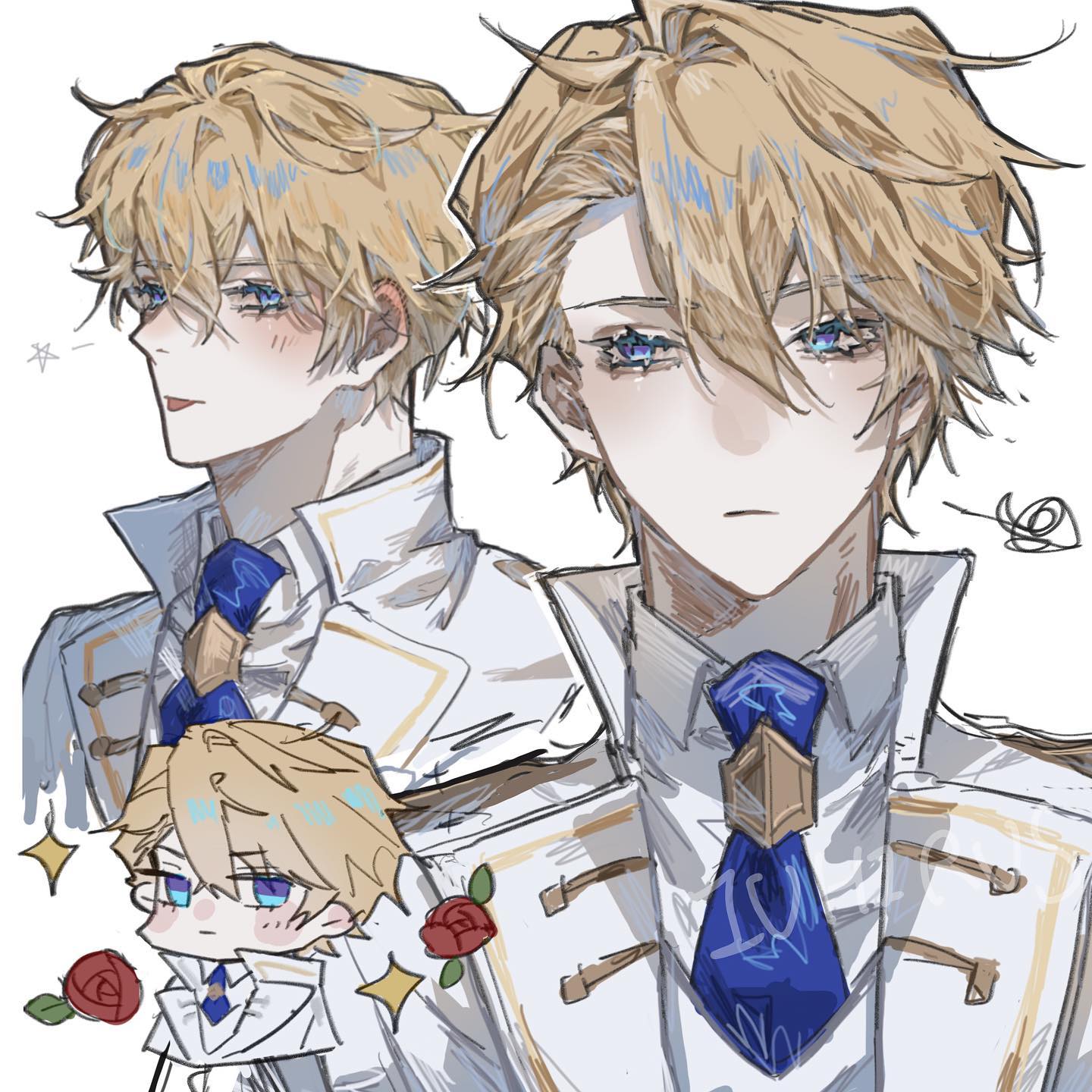 he image contains a stylized drawing of a young man with blond hair and blue eyes, dressed in a white uniform with a blue tie.  the style is reminiscent of anime or manga.  there are two slightly different versions of the main character shown, one with a more detailed face, and a smaller chibi version of the character is included. roses and sparkly elements are added as stylistic decorations. the overall aesthetic is elegant and cute. the art style is loose and sketchy, giving it a casual feel.