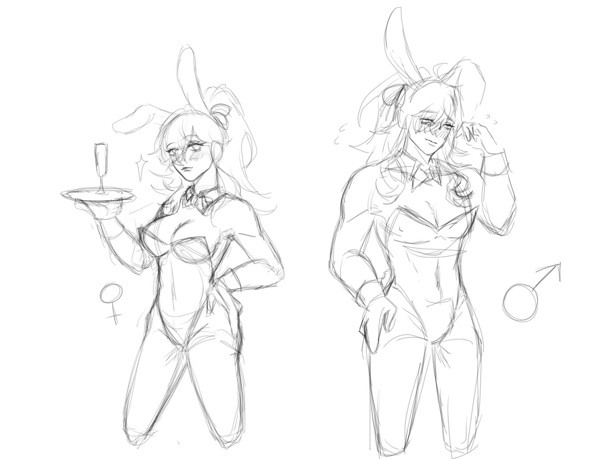 this is a sketch of two people, a male and a female, wearing bunny costumes. the female is holding a tray with a glass of champagne on it. they appear to be cosplaying and are drawn in a simple, sketchy style.  the female is positioned on the left side, kneeling with her left leg forward. she has a bow on her head and appears to be wearing a lowcut bunny costume. the male is positioned on the right side, standing straight with his hands on his hips. he has a slightly more muscular appearance and has a bowtie on his collar. both of them have bunny ears on their heads. the male is drawn with a slight blush on his cheeks. the gender symbols of female and male are drawn on the left and right of the characters, respectively.