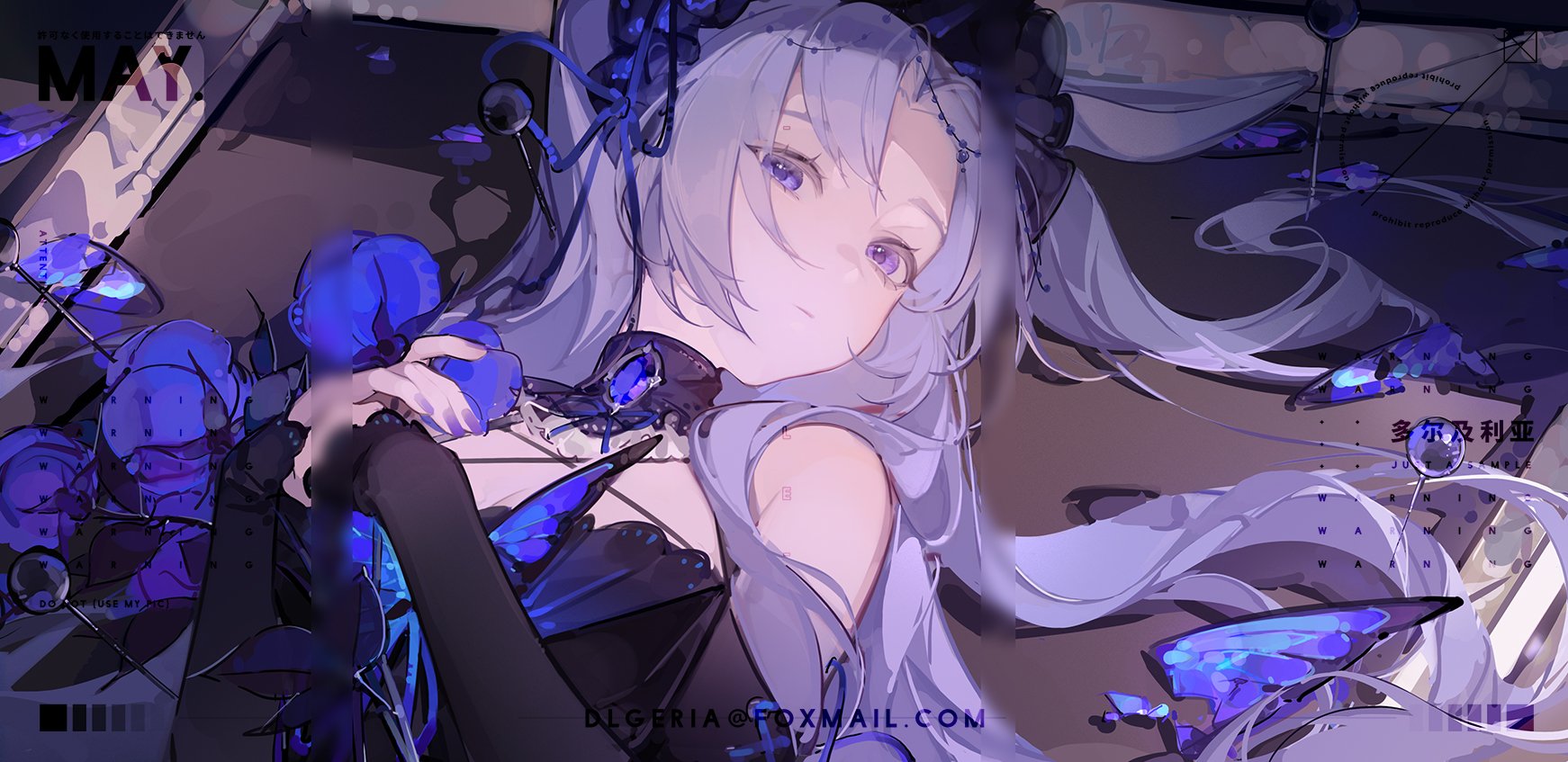 the image is an animestyle illustration of a girl with long, flowing purple hair. she is lying down, surrounded by blue butterflies. the background is dark and abstract, with a soft, ethereal lighting. the overall feel of the image is dreamy and mysterious.