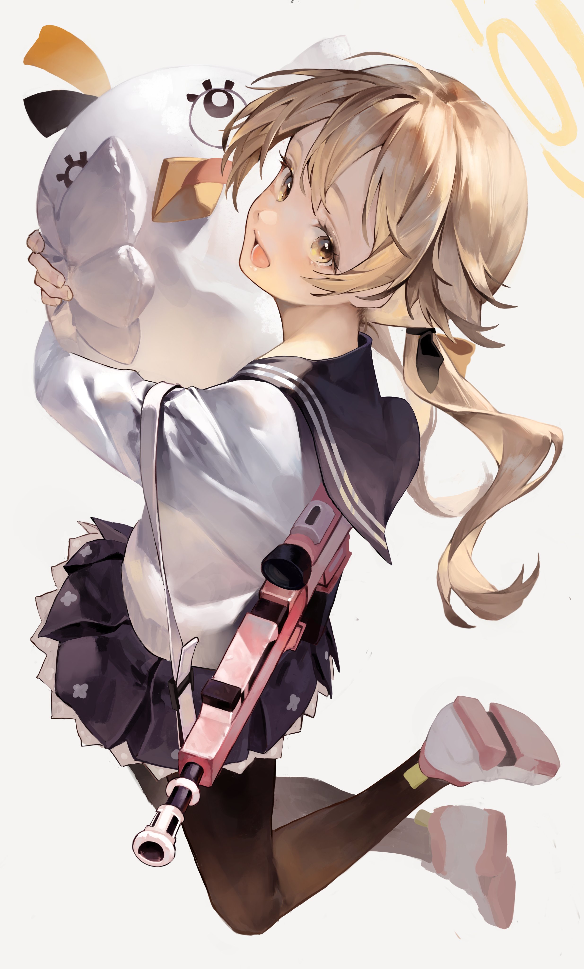 the image is a digital painting of a cute anime girl with blonde hair in a ponytail. she's wearing a sailor uniform and carrying a gun. she's holding a plush toy that resembles a bird. the overall style is cute and happy, with bright colors and a dynamic pose. the girl appears to be jumping or floating in the air. the background is simple and white, allowing the character to stand out. the art style is reminiscent of manga and anime illustrations, with a focus on expressive features and soft lines.
