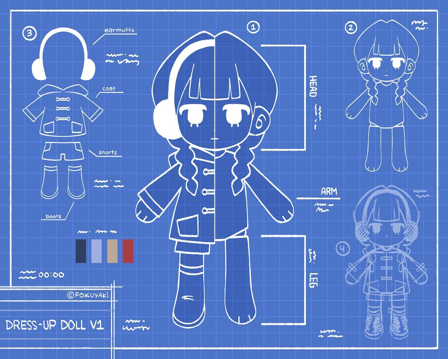 this image is a blueprint for a dressup doll. it shows the different parts of the doll's body, including the head, arms, and legs, along with the clothing items: a coat, shorts, boots, and earmuffs. each part is labeled, and there are lines indicating how to assemble the doll. the overall style is cute and kawaii.  the blueprint is on a blue background, typical of technical drawings. the design is ready for printing and diy crafting.
