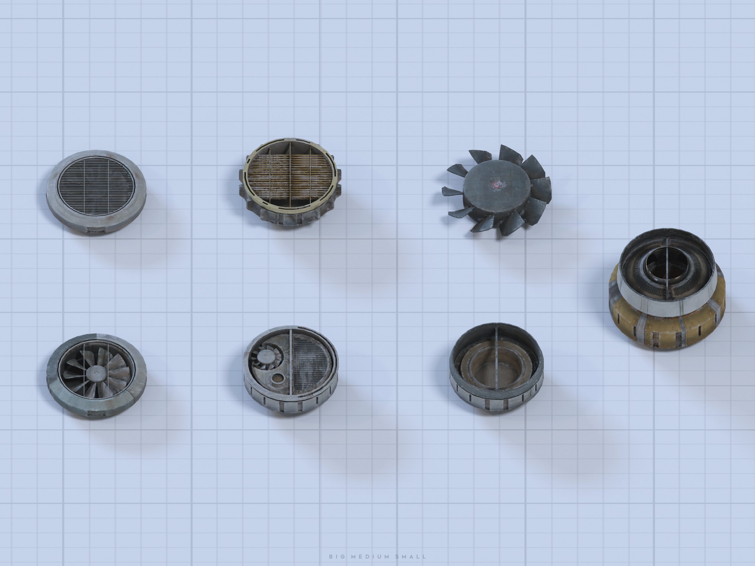 he image shows eight different types of circular vents and fans, arranged on a grid background. they vary in size and design, suggesting different applications or scales. the overall aesthetic is industrial and mechanical, emphasizing the components' function and design. the image is a 3d rendering that presents a clear visual representation of the various vent and fan options. the image also shows a label indicating size variations: "big medium small".