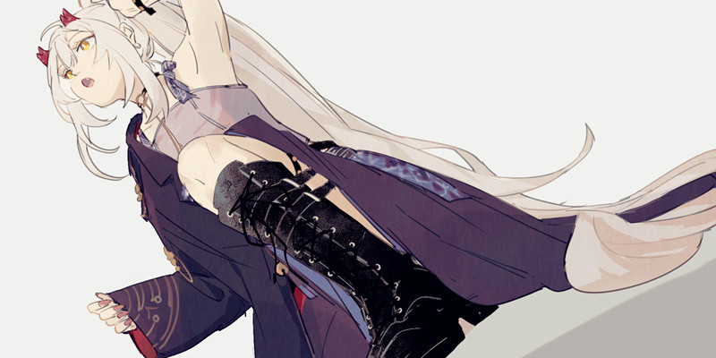 a digital illustration of an anime girl with white hair in a purple jacket and black boots, she is looking at the viewer and her hair is covering her face, she is in a cool pose.