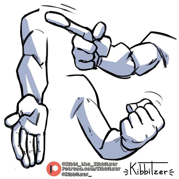 a line art drawing of three different hand poses. the first pose is a closed fist with the arm bent at the elbow. the second pose is a pointing finger. the third pose is an open hand with the palm facing towards the viewer and the arm bent at the elbow.
