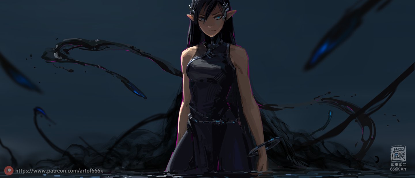 the image depicts a striking female dark elf standing in dark water. she's dressed in a sleek, black, sleeveless dress with a high collar.  her long, dark hair flows down her back, contrasting with her lightcolored eyes and elf ears.  she appears powerful and serene.  around her, dark, inky tendrils swirl and writhe, suggesting a magical element, potentially dark magic. the overall mood is dark, mysterious, and evocative of fantasy.  the style is animeinfluenced digital painting.  a watermark is visible in the bottom right corner, indicating the artist's name (666k art) and a patreon link.