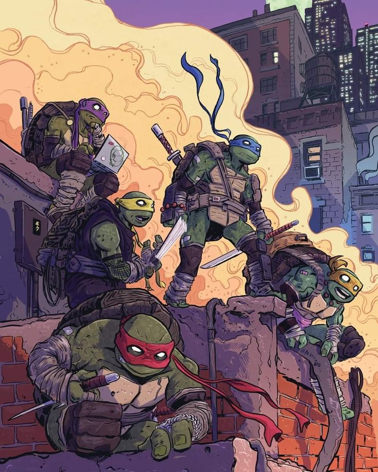the teenage mutant ninja turtles, leonardo, donatello, raphael, and michelangelo, are standing on a rooftop overlooking the city.  they are all dressed in their iconic ninja outfits and are armed with their weapons of choice. the scene is set in the nighttime, with the city lights twinkling in the distance.  the turtles are prepared for battle, ready to take on any challenge that comes their way.  the image captures the excitement and adventure of the teenage mutant ninja turtles franchise.