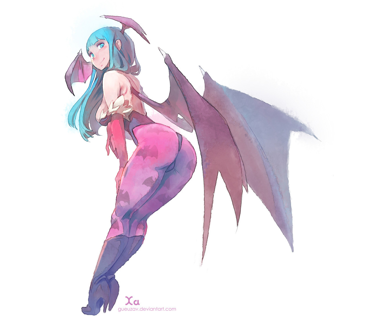 a digital illustration of an anime girl with blue hair and pink eyes. she has large, feathered wings and is wearing a pink and red outfit.  the image is set against a white background. the illustration is done in a whimsical, slightly hazy style.