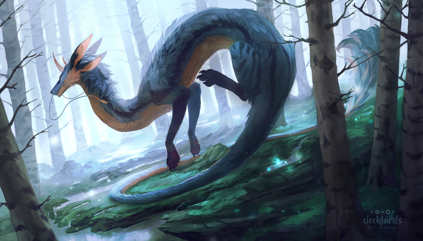 the image showcases a majestic, serpentine dragon gracefully navigating a misty forest. the dragon, predominantly teal and orange in color, is positioned on a mosscovered rocky terrain, its long tail winding down towards a stream. the creature's scales shimmer subtly, and its ethereal presence is enhanced by the soft, diffused lighting that permeates the scene. the overall ambiance suggests a mystical and magical realm.