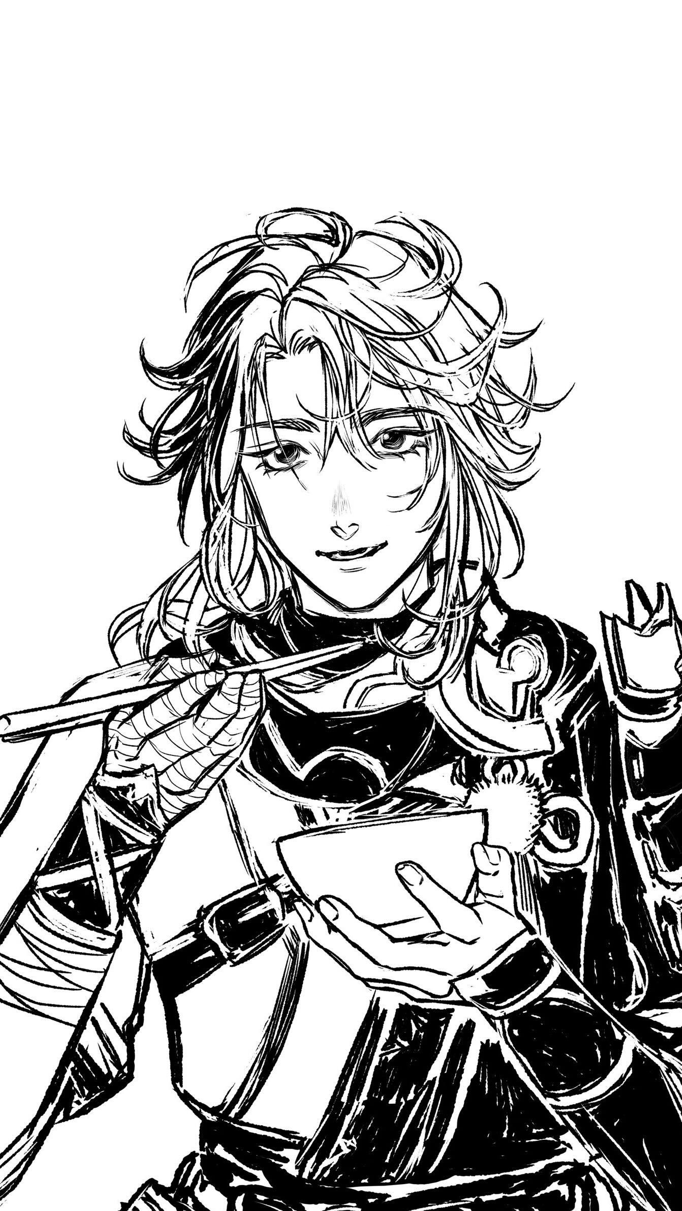 the image is a black and white illustration, possibly from an anime or manga, depicting a young man with long, slightly messy hair. he appears to be wearing some type of armor or elaborate clothing. he is holding chopsticks and a bowl, suggesting he is eating. the style is detailed and expressive, with a focus on the character's face and hair. the overall tone is elegant and stylish.