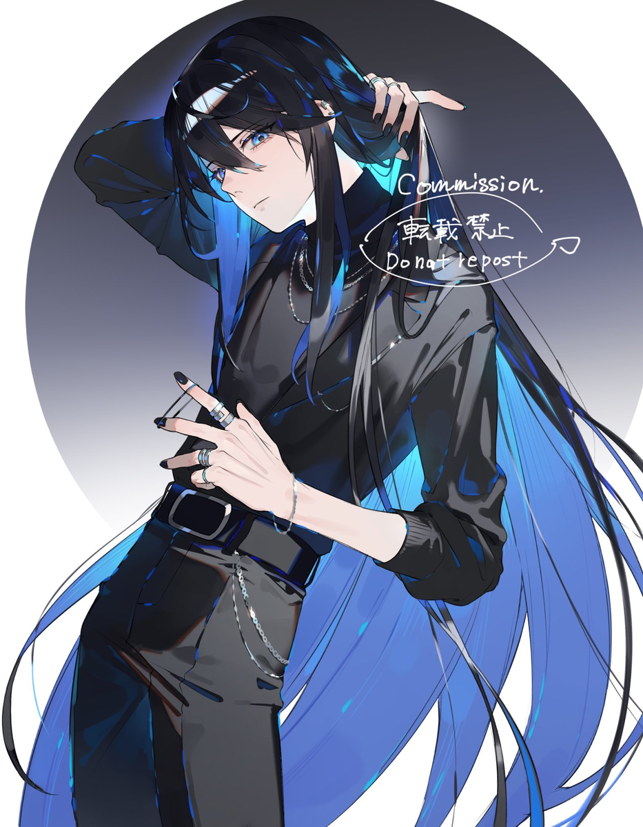 an anime style drawing of a male character with long black and blue hair, blue eyes, wearing dark clothing, and pulling his hair back with a hair tie. he has rings on his fingers and a silver chain hanging from his belt. the background is a muted gray tone. there is text on the right side of the image that says "commission. do not repost".