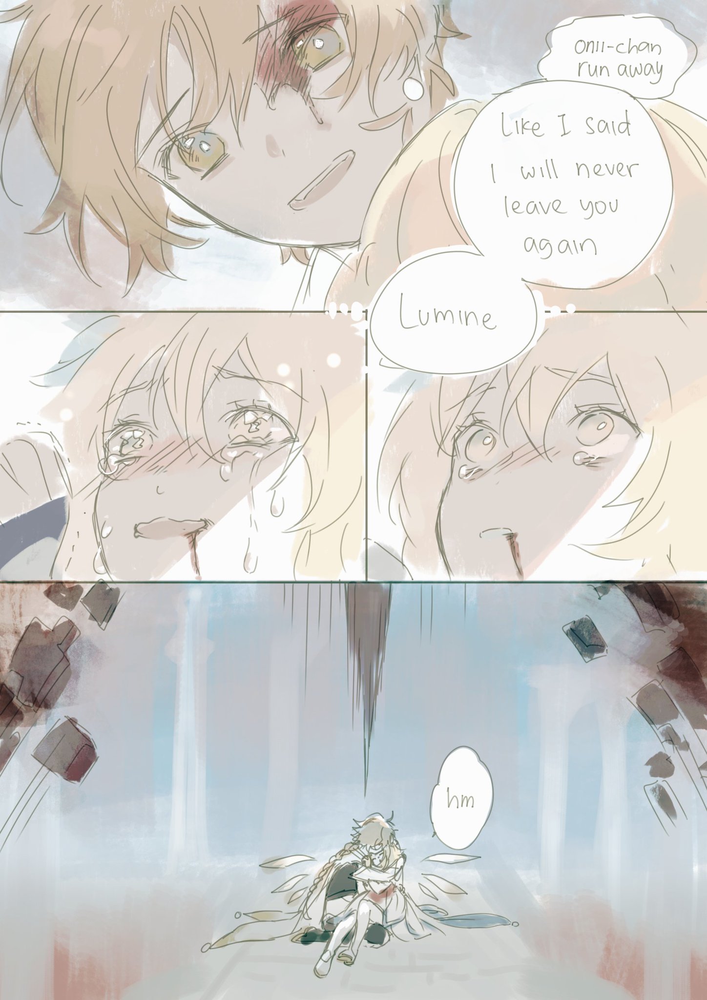 this is a manga style illustration of two anime girls. the first panel shows a young girl with blonde hair and red eyes looking at the viewer, with a distressed expression, as if she is talking to the viewer, and a speech bubble above her head, with a message inside. in the second panel, the girl with blonde hair is crying and is looking downward, with a speech bubble above her head, that reads "lumine". the third panel is blank except for a background of a building.  the fourth panel shows a young girl with blonde hair hugging another blonde haired girl.  the speech bubble above their heads says "hm". the two girls are both dressed in white outfits.