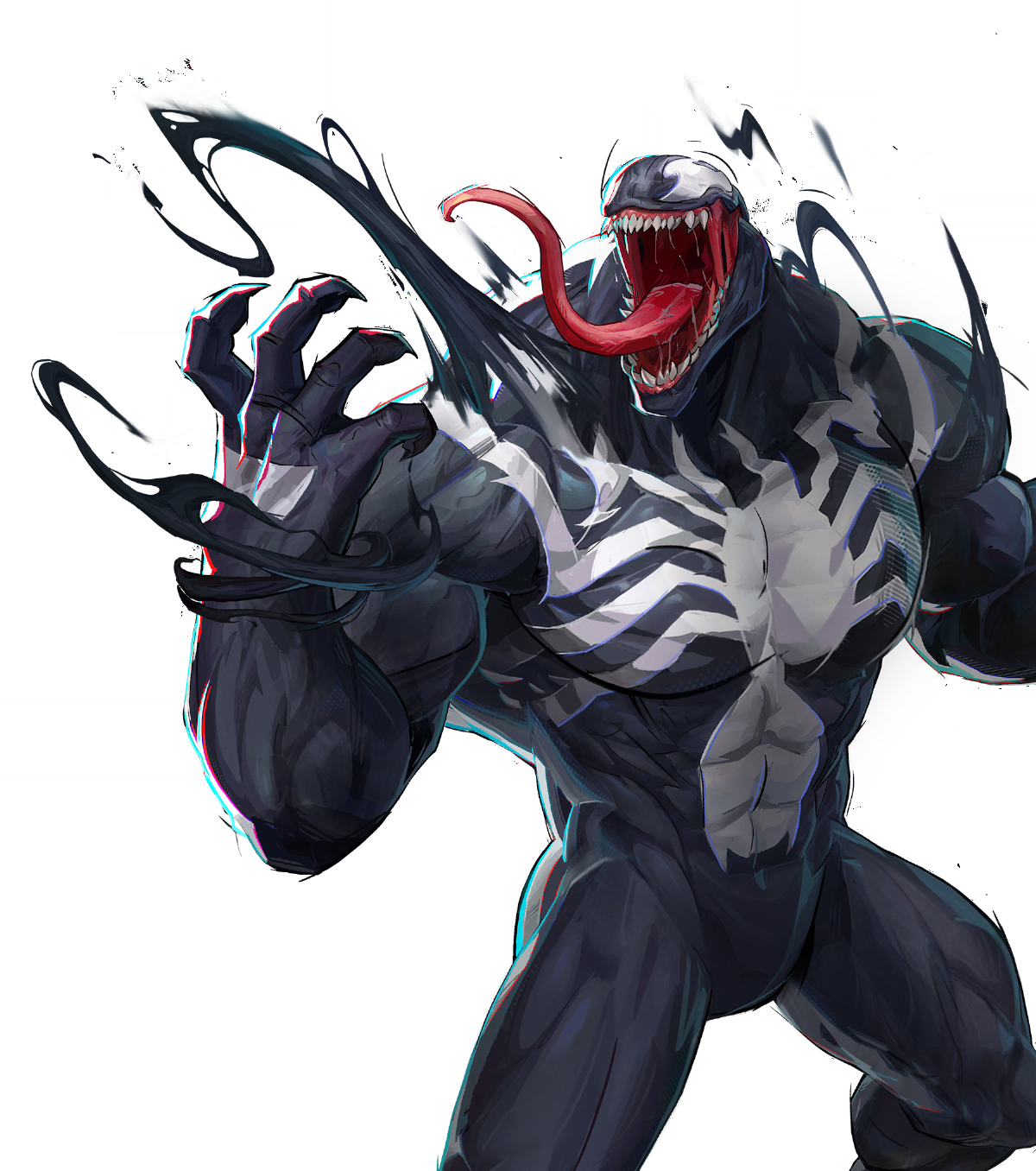 a digital artwork of venom, a marvel comics character, depicted as a muscular, blacksuited symbiote monster with white spiderlike markings on its chest and back. it has a large, toothy mouth open, revealing a long, red tongue. its hand is raised with sharp claws extended. the background is solid black.