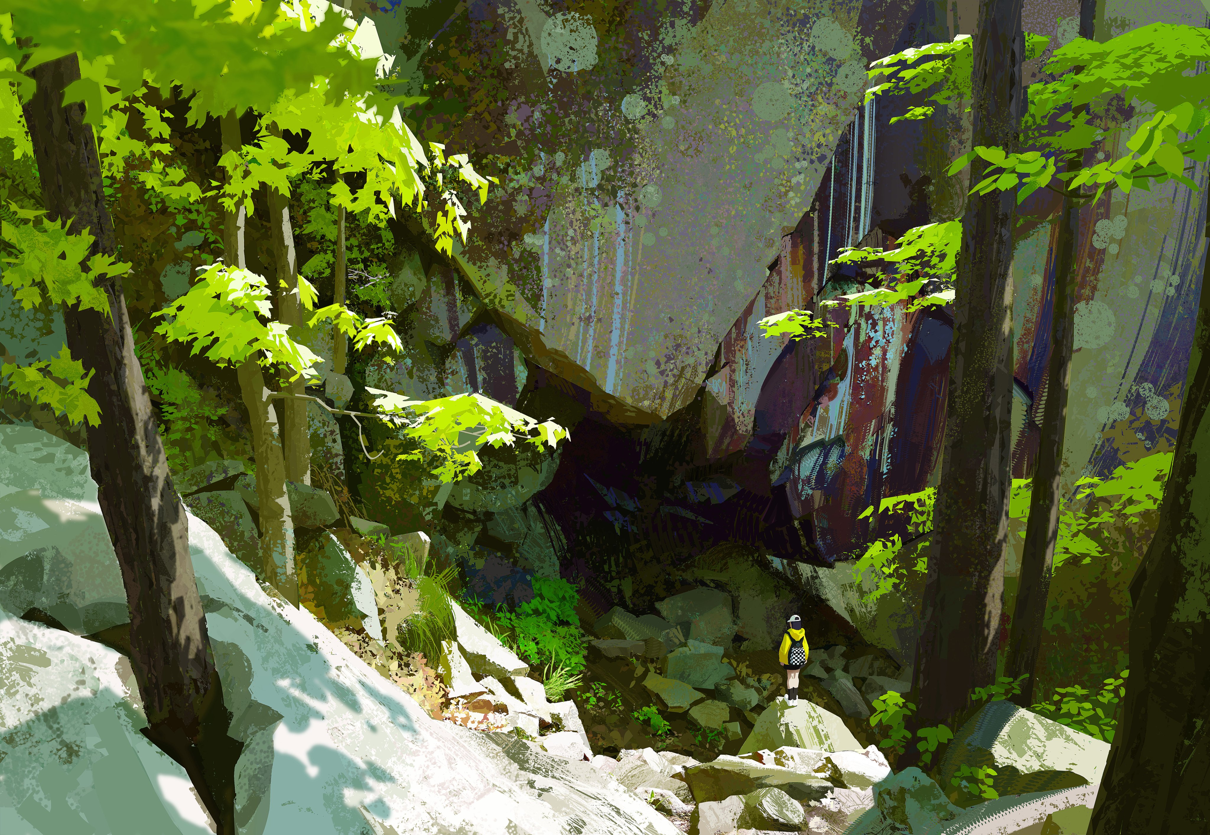the image depicts a person in a yellow jacket standing on a rock at the base of a cliff or ravine in a lush, overgrown forest. sunlight filters through the trees, creating dappled shadows on the rocks and foliage. the scene evokes a sense of adventure and exploration in a natural, secluded environment.