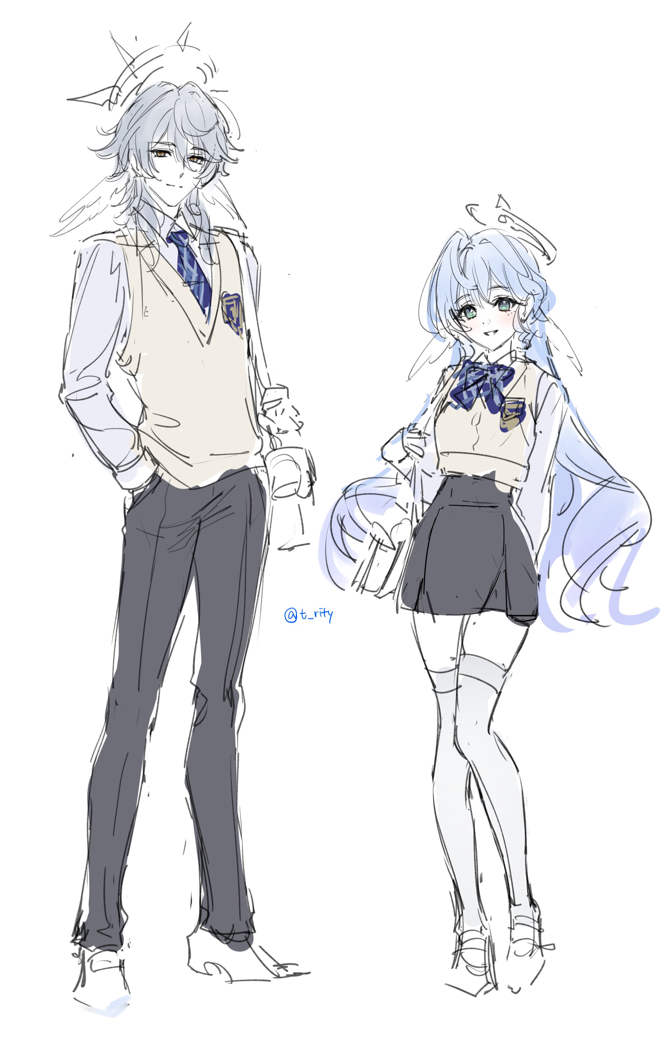 he image contains a sketch of two animestyled characters, a boy and a girl, both seemingly in school uniforms.  the boy has grey hair and is wearing a beige vest over a white shirt and dark trousers. he has wings and what looks like a halo.  the girl has long blue hair, also with wings and a halo, and is in a similar uniform, with a darkcolored skirt and kneehigh socks. both characters are drawn in a loose, expressive style, with visible sketch lines and shading. the overall style suggests a lighthearted or possibly fantasyrelated context.