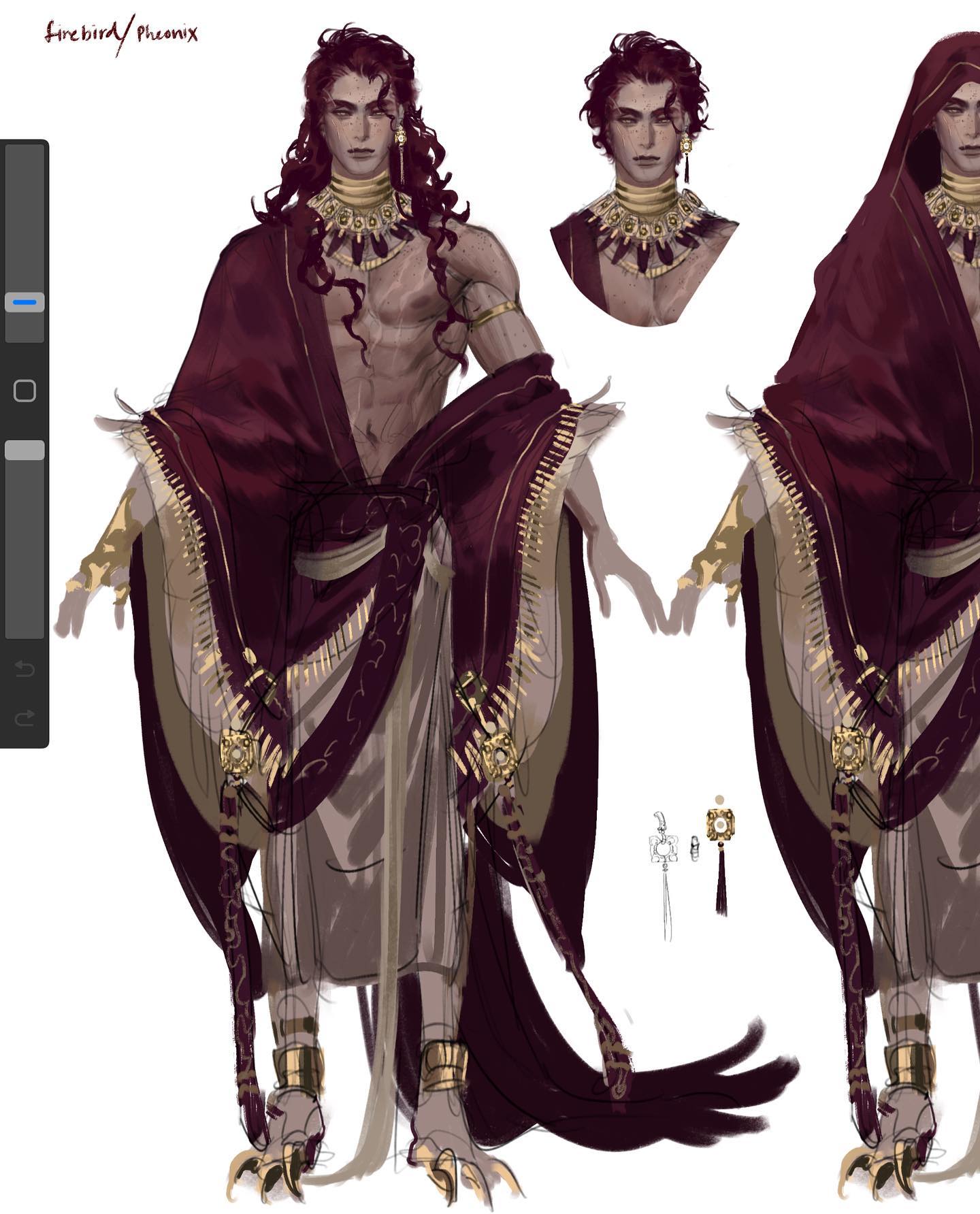 a digital illustration of a  concept design for a male character with long red hair and bird feet. he wears an ornate  robe and jewelry. there is a close up of his head and neck, and a detail of his jewelry.  this looks like a firebird character concept.