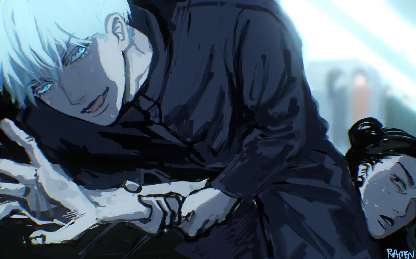 he image is a digital painting or illustration in a style reminiscent of anime or manga. it depicts a dramatic scene where a male character with icyblue hair and piercing eyes is on top of a female character. the male character is shown with tears and a look of intense emotion, his hands gripping the female character. the style is dark and moody, using mostly blues and grays to create a sense of tension and drama.  the background is blurred, focusing attention on the figures in the foreground. the overall impression is one of a powerful emotional moment within a larger narrative.  the artistic style is loose and expressive, prioritizing emotion and mood over precise detail.