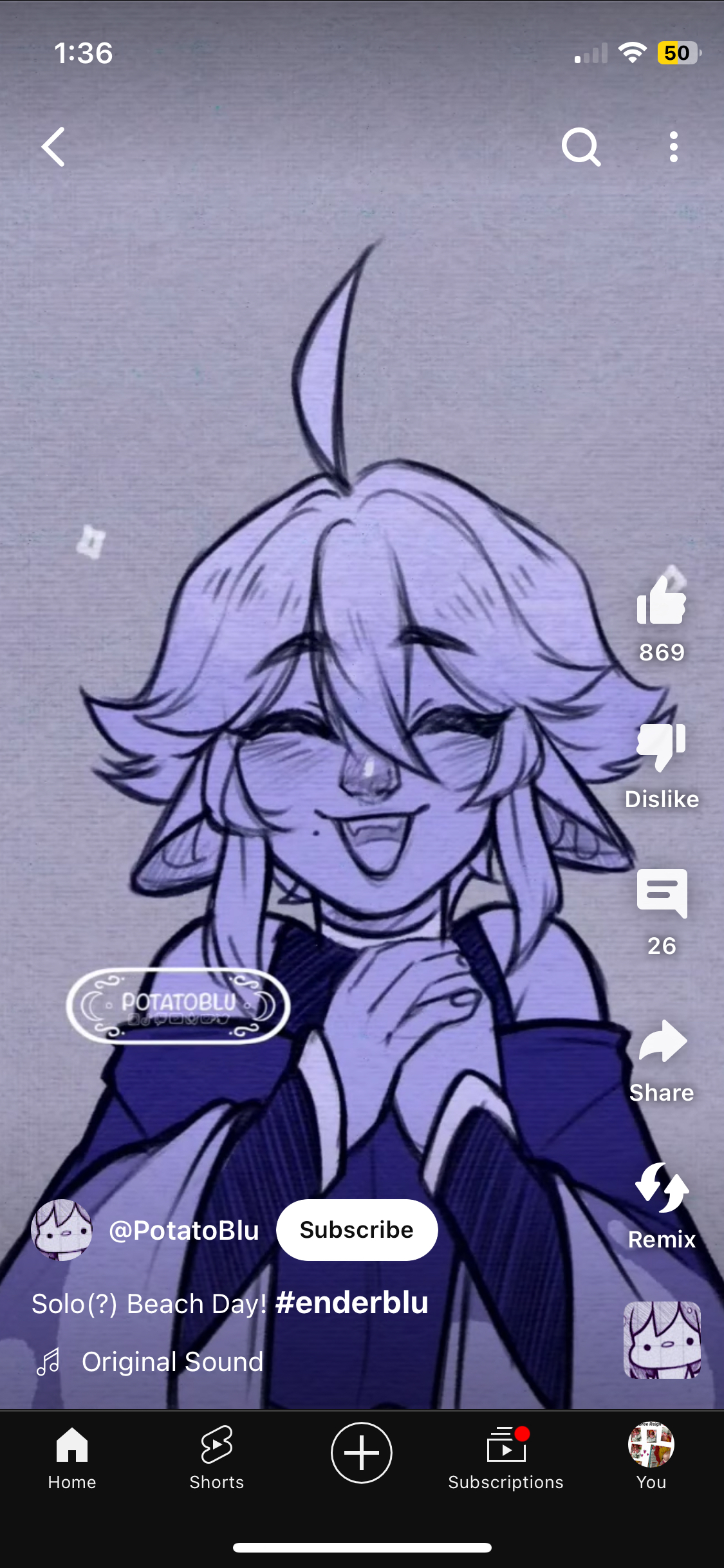 a screenshot of a tiktok video featuring a digital drawing of a lightskinned anime character with white hair and pointed ears. they are wearing a blue outfit and have a cheerful expression with their eyes closed and tongue sticking out. the character is making a gesture with their hands, as if presenting something. the video has 869 likes and 26 comments. the username of the creator is @potatoblu and the hashtag #enderblu is included in the video's caption.  the video uses an original sound.