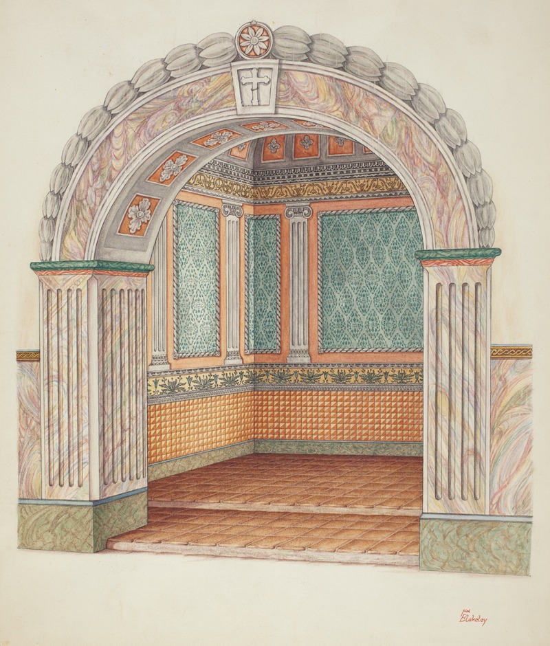 the image is a watercolor architectural drawing depicting a detailed interior design concept. the focal point is an arched opening, framed by substantial columns, leading into a room. the arch is decorated with various ornamental features, including a floral emblem at the keystone. the walls are adorned with a combination of patterned wallpaper in shades of green and panels of tessellated tiles in a warm, reddishbrown hue. the room's floor is also tiled, creating a cohesive and decorative space. the drawing is rendered in a colorful and detailed style, showcasing intricate patterns and textures.