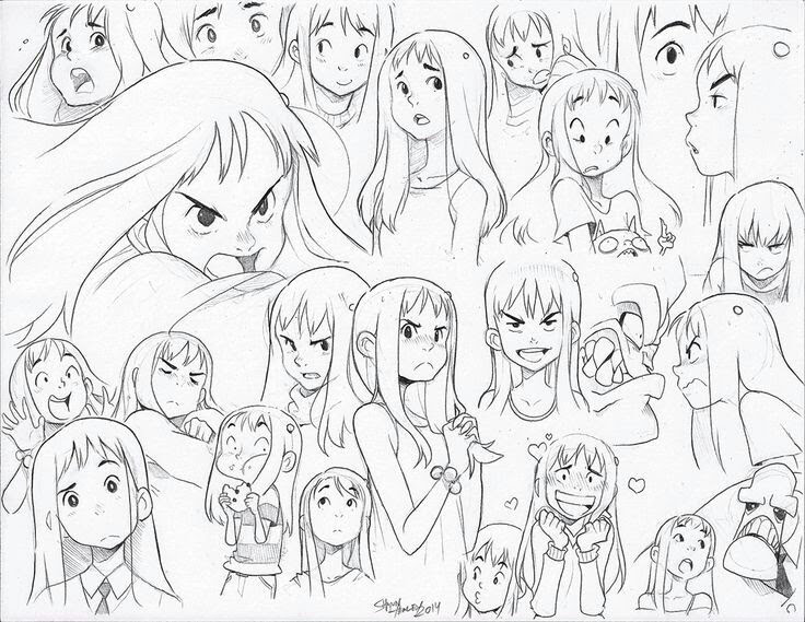 this is a black and white sketch featuring multiple drawings of the same animestyle girl. the focus is on her various facial expressions, ranging from happy and excited to angry and upset.  the drawings are in different poses and sizes, creating a dynamic and expressive composition.