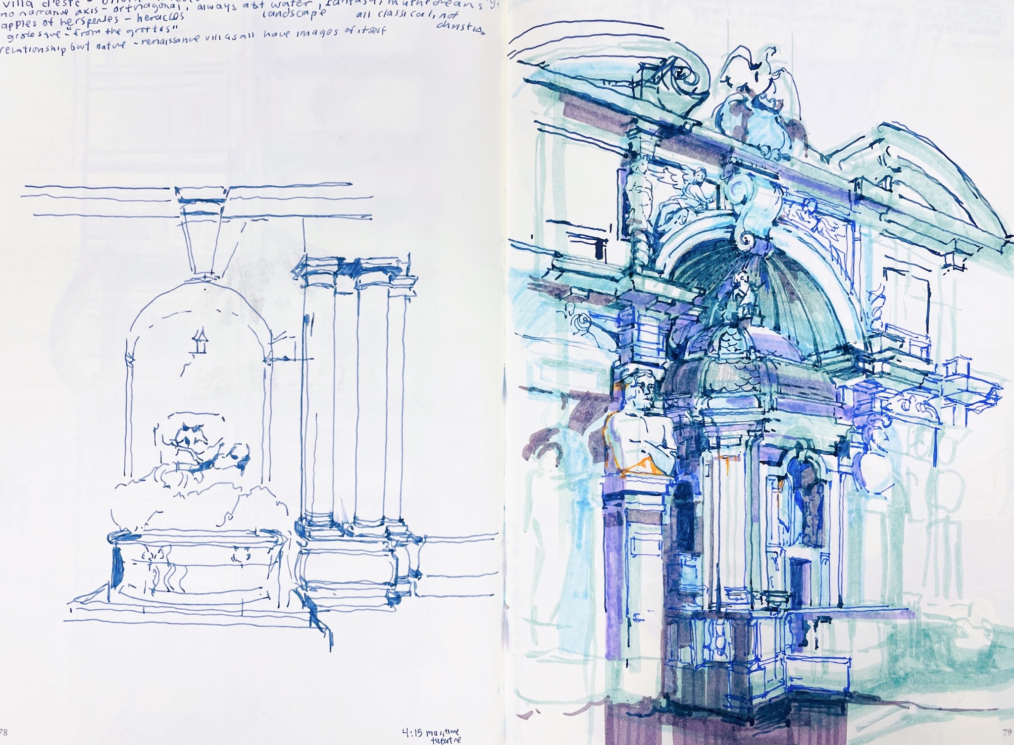 the image shows a twopage spread from a travel journal featuring architectural sketches rendered in blue ink and watercolor wash. on the left page, a simple line drawing captures the essence of a fountain with a central figure and flanking pillars. the right page presents a more detailed and colorful rendition of an ornate building facade, highlighting its arched entrance, intricate carvings, and decorative elements. textual annotations suggest the artist's observations and experiences during their travels.
