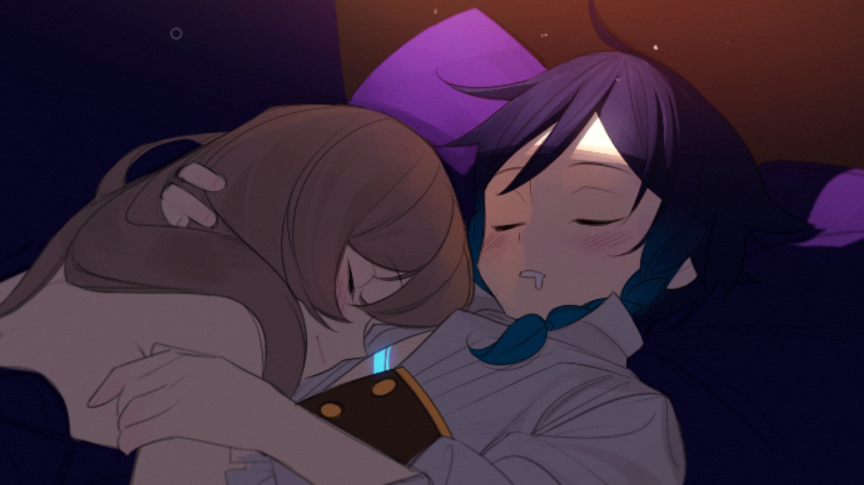 two girls with long hair are sleeping in an embrace. they are drawn in an anime style and are lying on a bed. the girl on top has brown hair and is hugging the other girl, who has dark blue hair. the girl with blue hair has a faint white mark on her forehead and is drooling slightly in her sleep. the background is dark, and the image is lit with warm lighting.